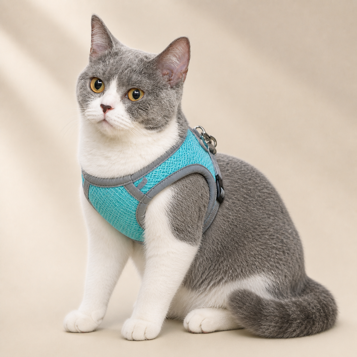 Product visualization of Blueberry wearing the VIVI&BERRY cat harness