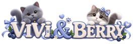 VIVI & BERRY logo with Blueberry and Ziyue mascot cats