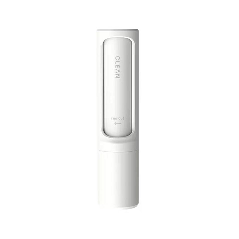 White reusable self-cleaning pet hair remover with a cylindrical plastic body, shown on a white background.