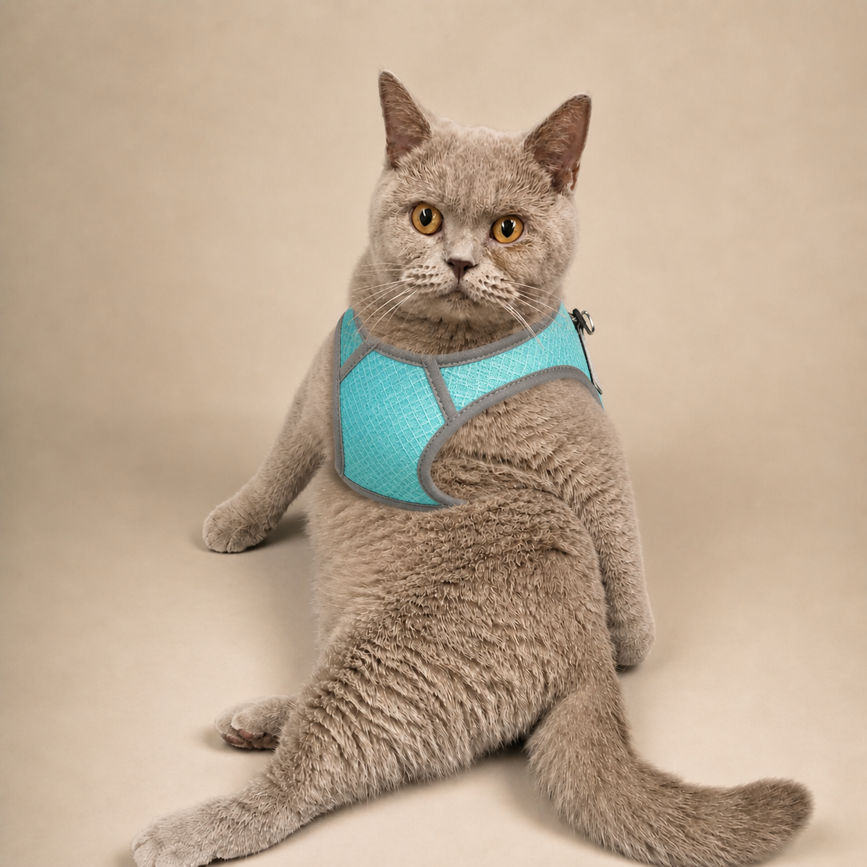 Product visualization of Ziyue wearing the VIVI&BERRY cat harness